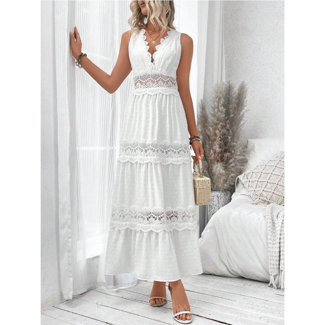 Women's Lace Stitching V - neck Sleeveless Dress - PratSN