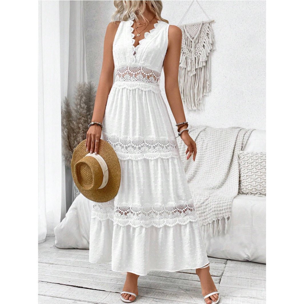 Women's Lace Stitching V - neck Sleeveless Dress - PratSN