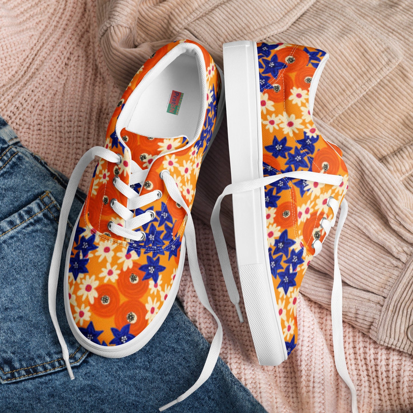 Women’s lace - up canvas shoes, Blue and Orange Floral Shoes, Floral Pattern Shoes, Cute Summer and Springtime Shoes - PratSN