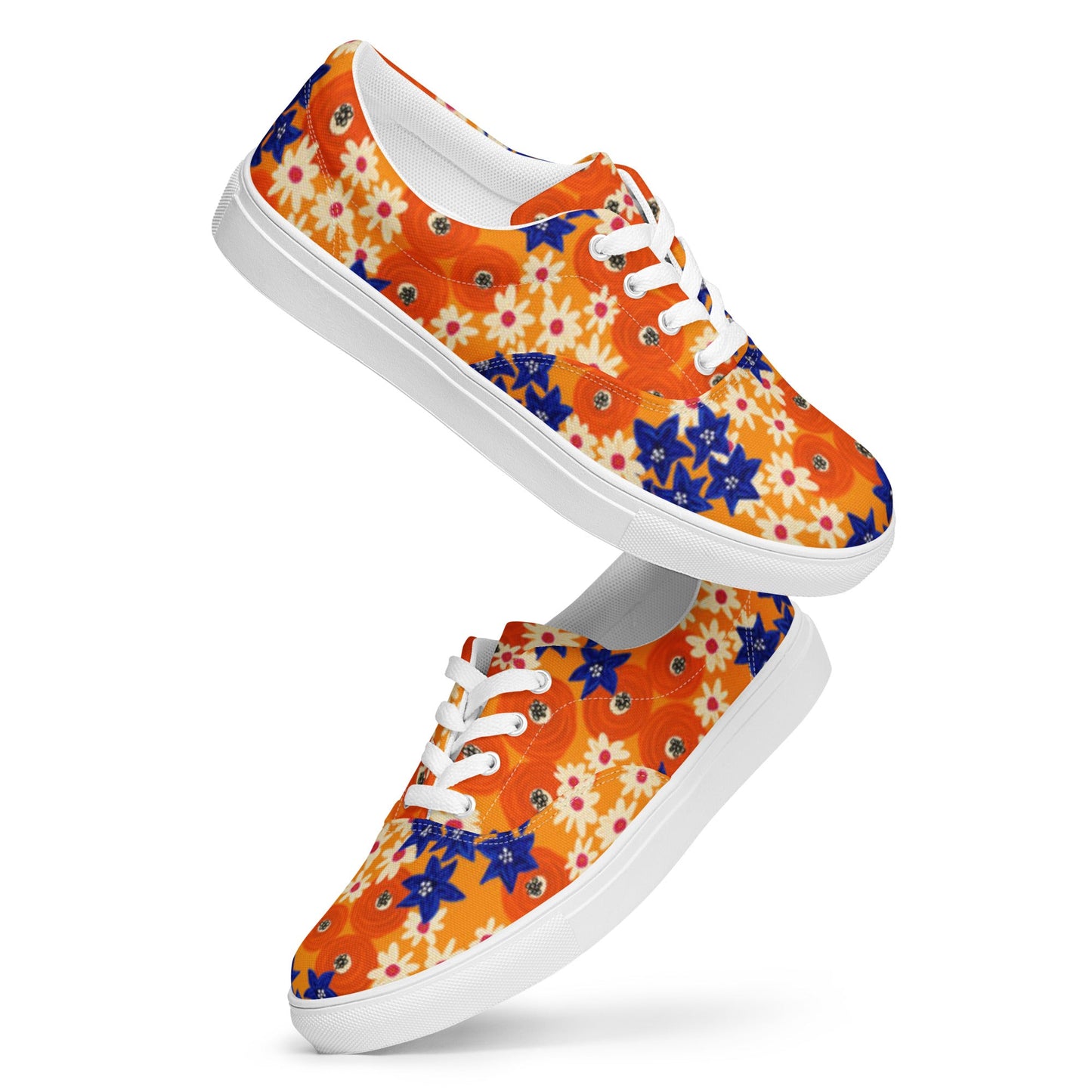 Women’s lace - up canvas shoes, Blue and Orange Floral Shoes, Floral Pattern Shoes, Cute Summer and Springtime Shoes - PratSN