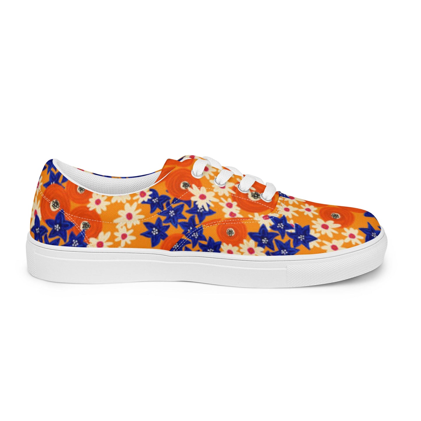 Women’s lace - up canvas shoes, Blue and Orange Floral Shoes, Floral Pattern Shoes, Cute Summer and Springtime Shoes - PratSN
