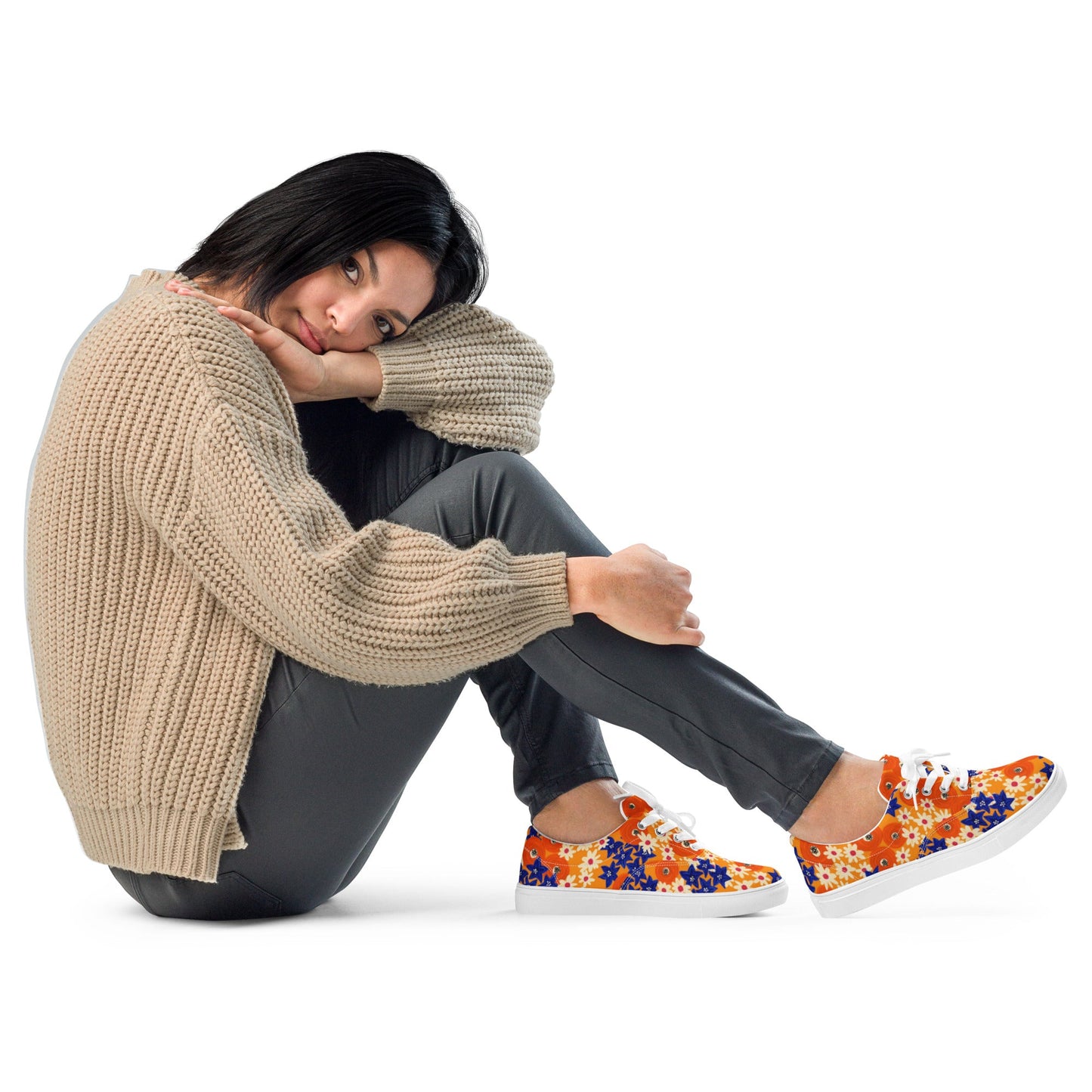 Women’s lace - up canvas shoes, Blue and Orange Floral Shoes, Floral Pattern Shoes, Cute Summer and Springtime Shoes - PratSN