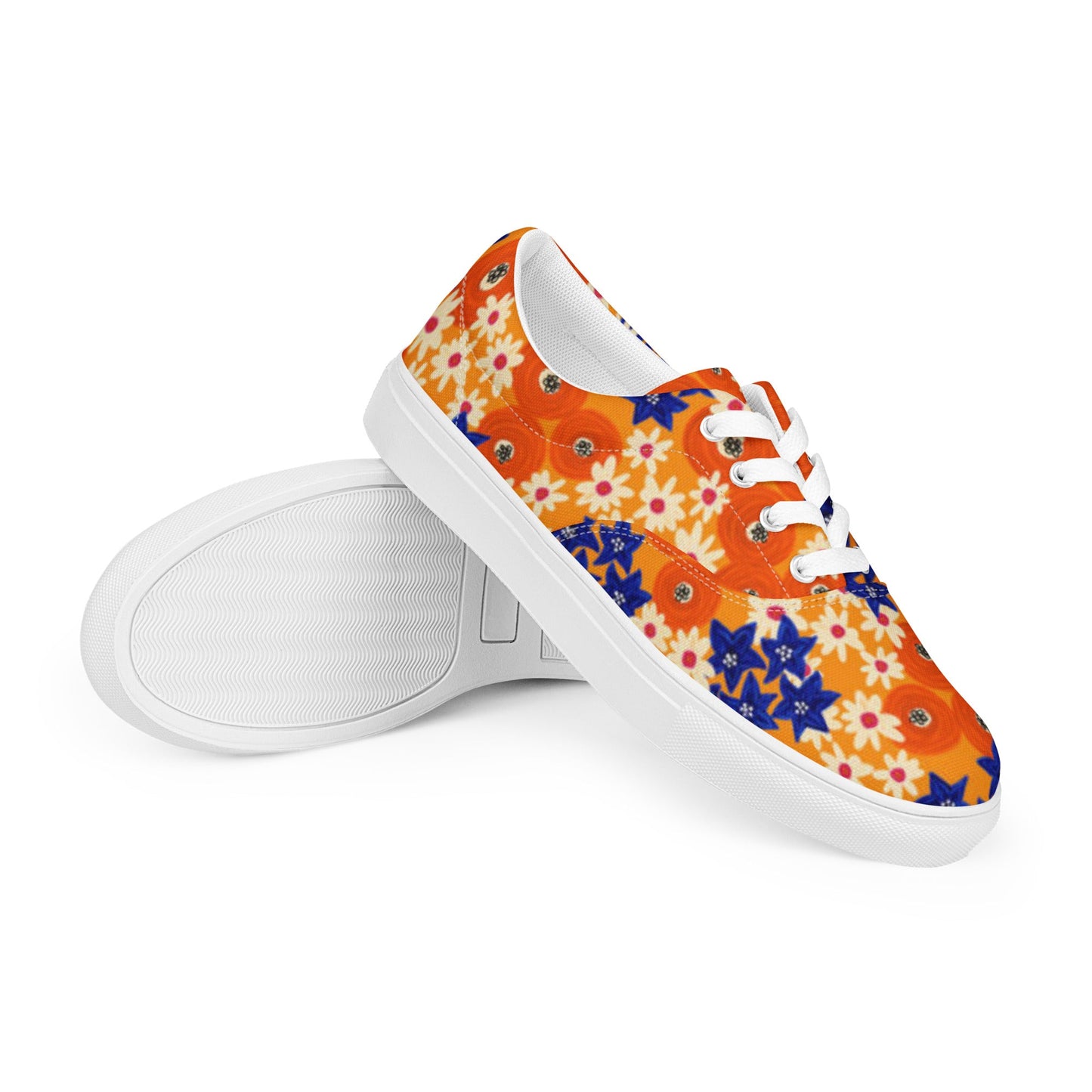 Women’s lace - up canvas shoes, Blue and Orange Floral Shoes, Floral Pattern Shoes, Cute Summer and Springtime Shoes - PratSN