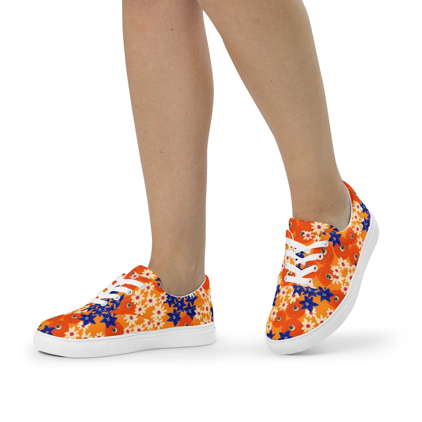 Women’s lace - up canvas shoes, Blue and Orange Floral Shoes, Floral Pattern Shoes, Cute Summer and Springtime Shoes - PratSN
