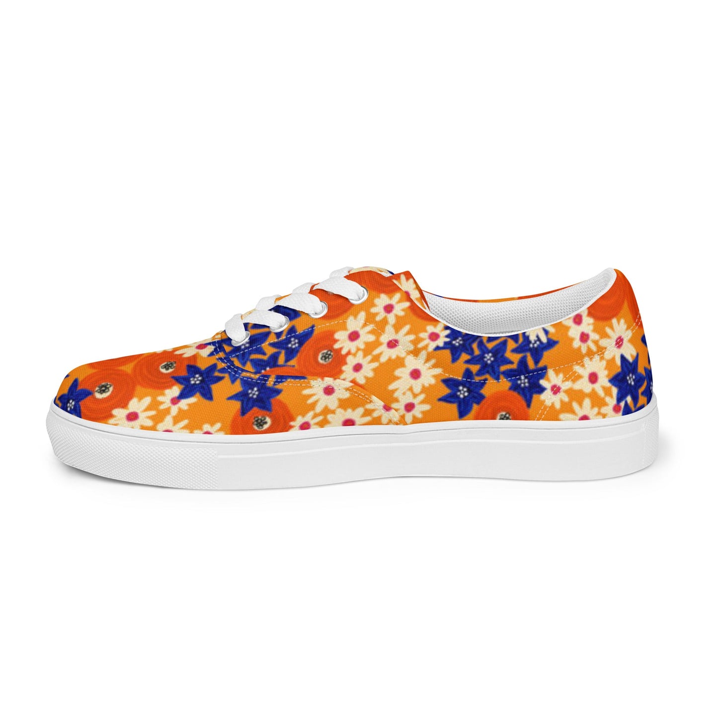 Women’s lace - up canvas shoes, Blue and Orange Floral Shoes, Floral Pattern Shoes, Cute Summer and Springtime Shoes - PratSN