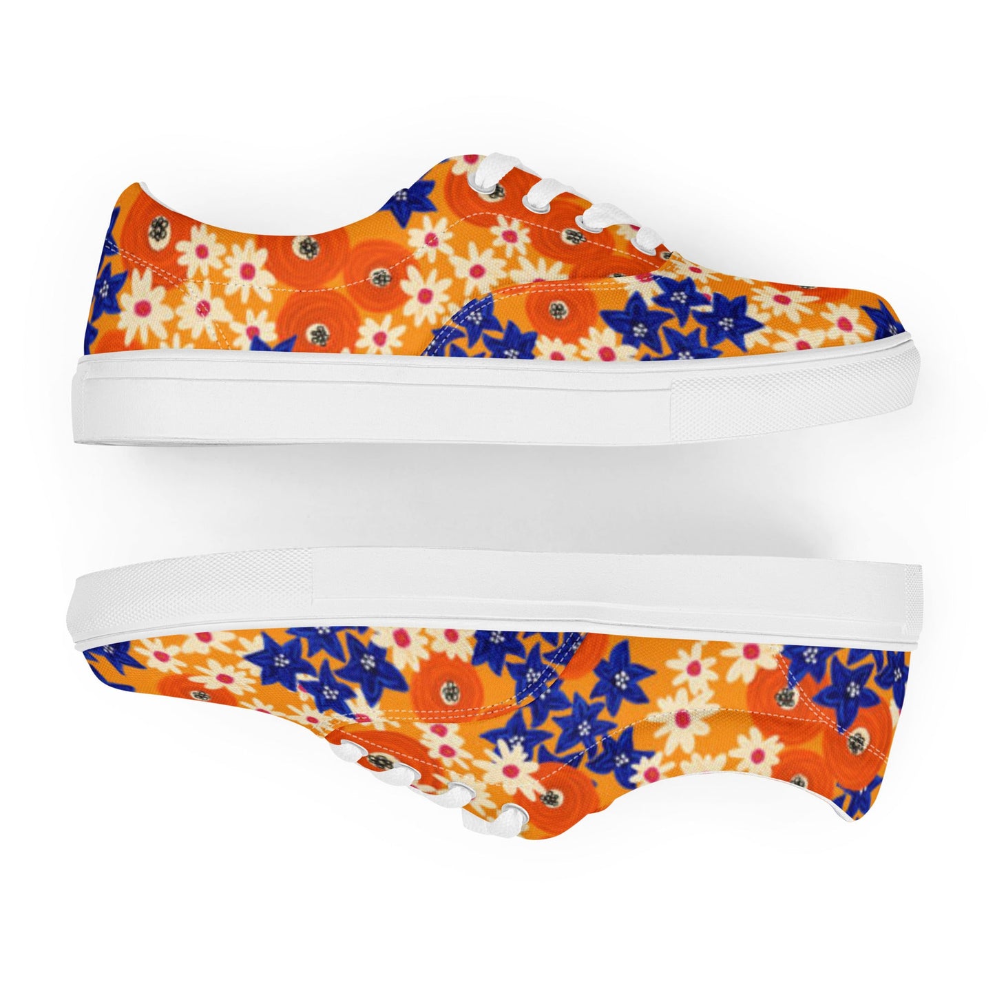 Women’s lace - up canvas shoes, Blue and Orange Floral Shoes, Floral Pattern Shoes, Cute Summer and Springtime Shoes - PratSN
