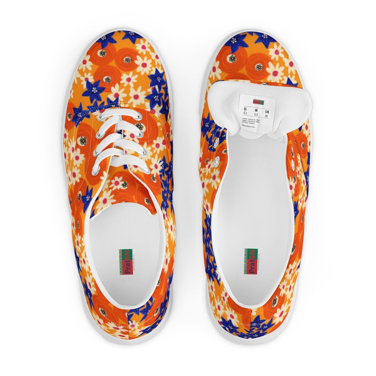 Women’s lace - up canvas shoes, Blue and Orange Floral Shoes, Floral Pattern Shoes, Cute Summer and Springtime Shoes - PratSN