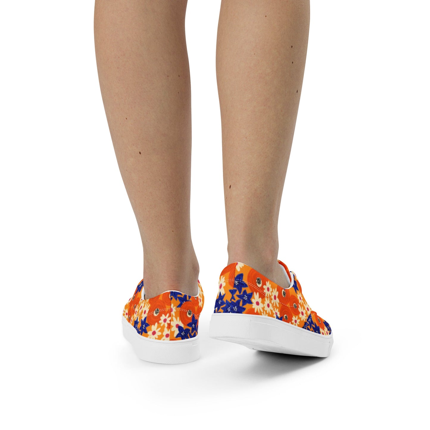 Women’s lace - up canvas shoes, Blue and Orange Floral Shoes, Floral Pattern Shoes, Cute Summer and Springtime Shoes - PratSN