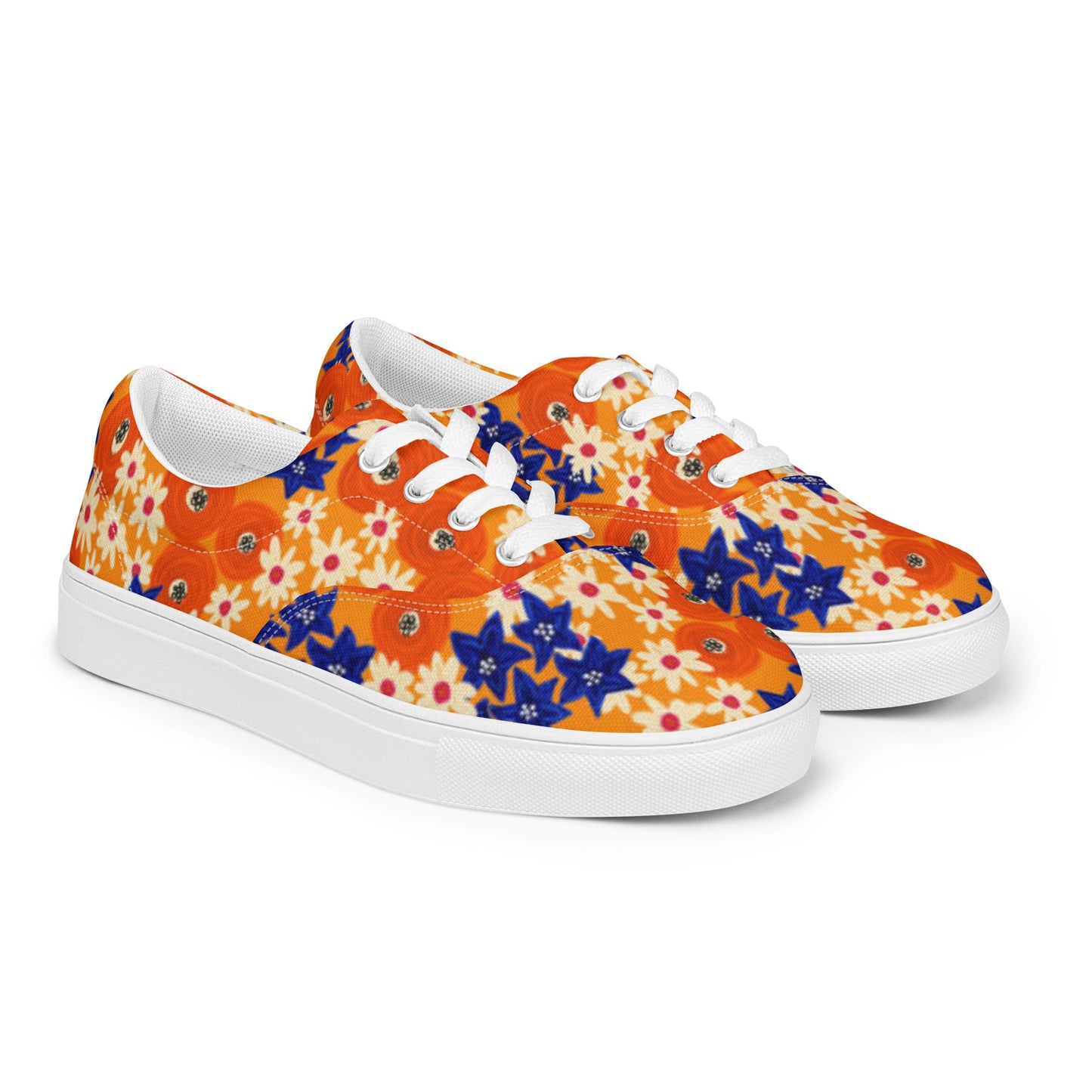 Women’s lace - up canvas shoes, Blue and Orange Floral Shoes, Floral Pattern Shoes, Cute Summer and Springtime Shoes - PratSN