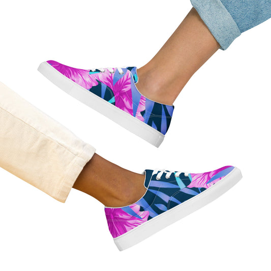 Women’s lace - up canvas shoes, Blue and Pink Floral Shoes, Casual Flowers shoes, Cute Springtime, and Summer Flower pattern Shoes - PratSN