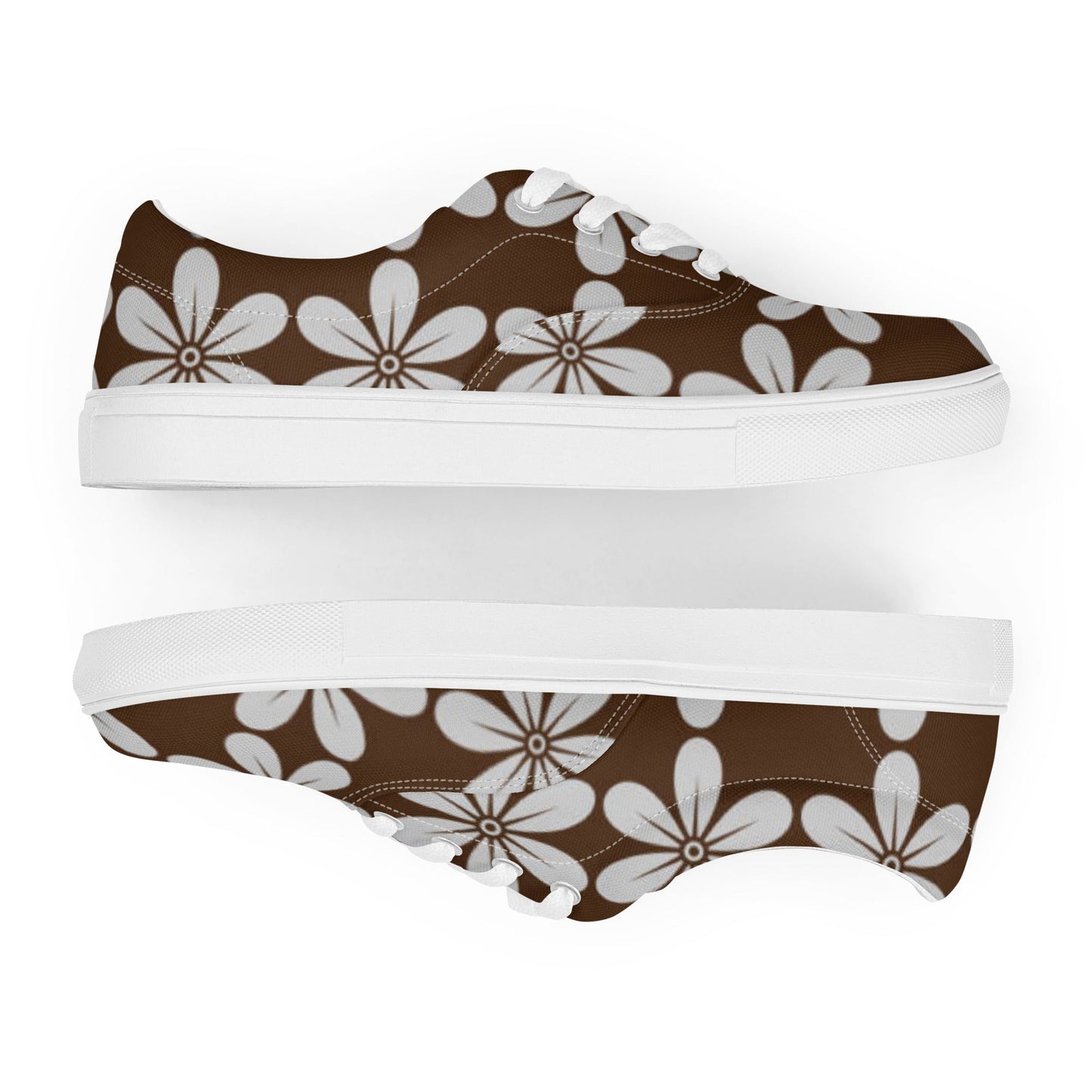 Women’s lace - up canvas shoes, Dark Brown and White Shoes, Casual Retro Florals Shoes, White Flower Shoes Cute Summer and Springtime - PratSN