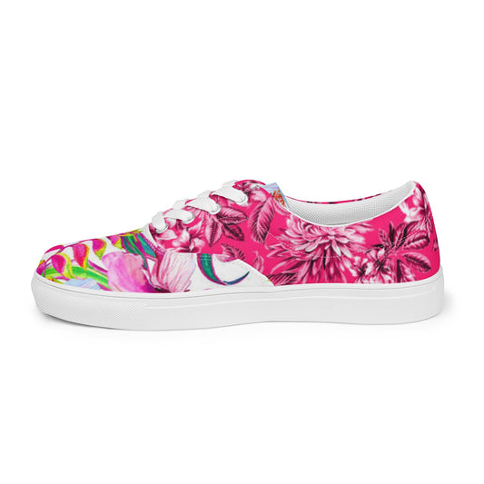 Women’s lace - up canvas shoes, Flora Pink Shoes, Cute Summer and Spring Time Shoes, Floral Pattern Shoes - PratSN