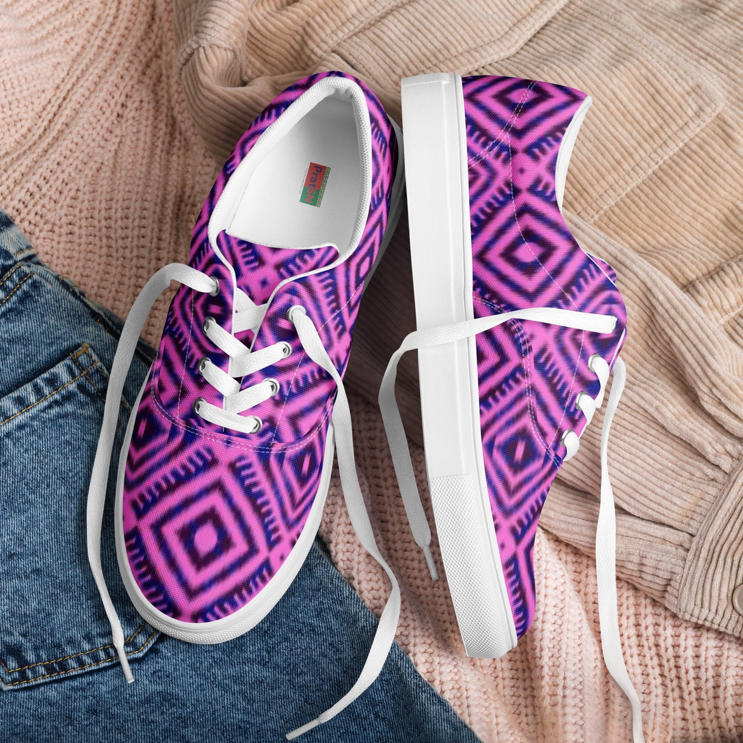 Women’s lace - up canvas shoes, Geometric Pattern Shoes, Purple Shoes, Cute Summer And Springtime Shoes - PratSN
