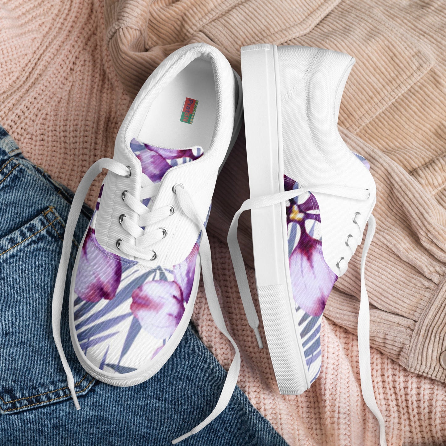 Women’s lace - up canvas shoes, Lavender and white Floral Shoes Cute Summer springtime - PratSN
