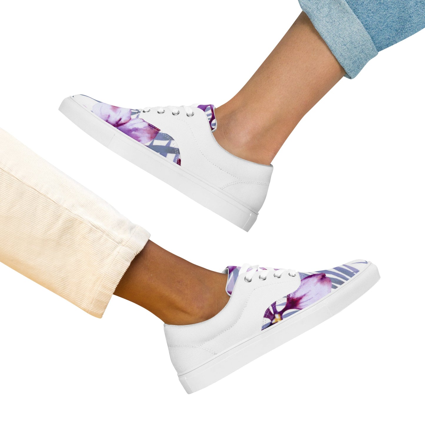 Women’s lace - up canvas shoes, Lavender and white Floral Shoes Cute Summer springtime - PratSN