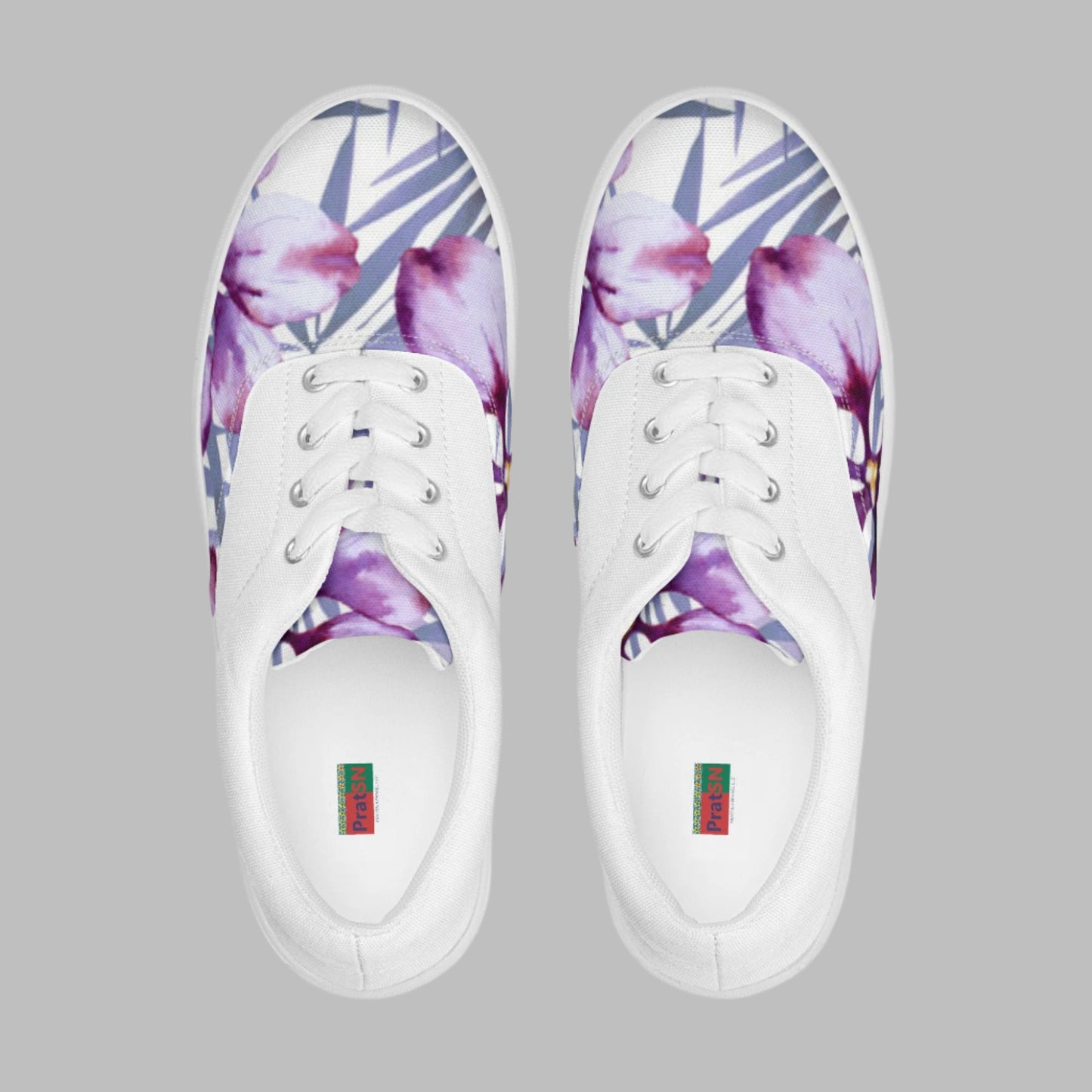Women’s lace - up canvas shoes, Lavender and white Floral Shoes Cute Summer springtime - PratSN