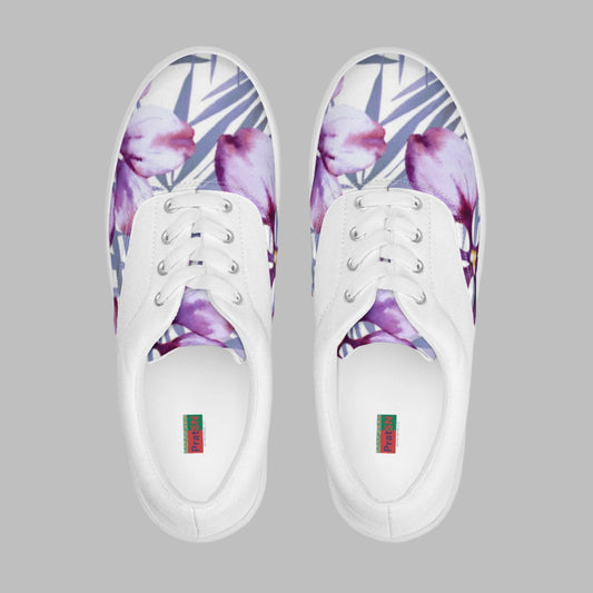 Women’s lace - up canvas shoes, Lavender and white Floral Shoes Cute Summer springtime - PratSN