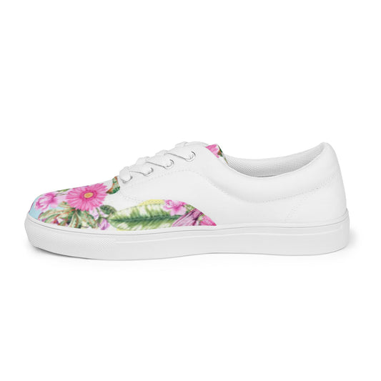 Women’s lace - up canvas shoes, Pink and Green Shoes, Floral Shoes Cute Summer and Springtime - PratSN