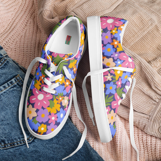 Women’s lace - up canvas shoes, Pink Blue Yellow White Floral Pattern Shoes, Casual Shoes Cute Summer Springtime - PratSN