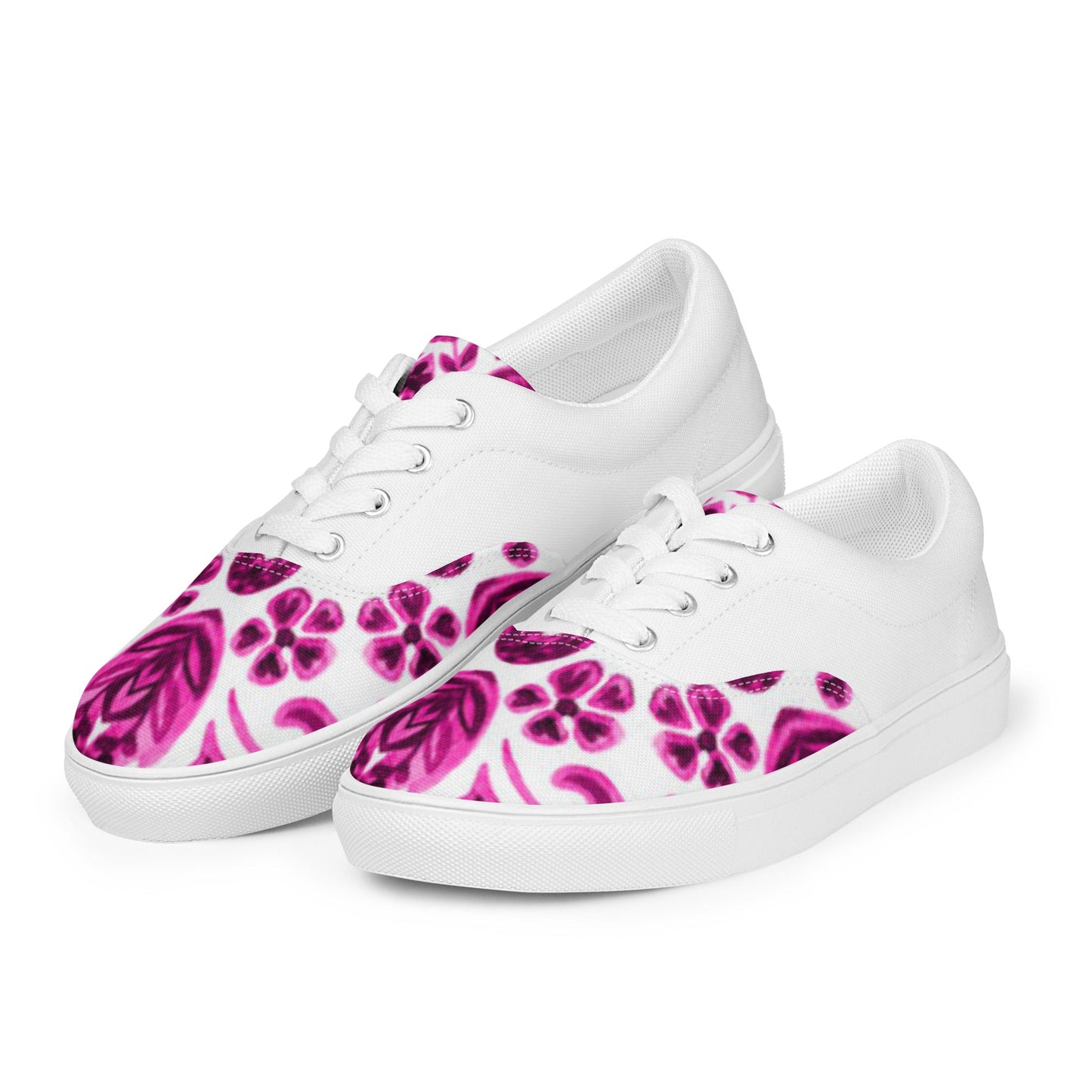 Women’s lace - up canvas shoes, Pink White Floral Shoes Casual Shoes, 60's 70's Retro Flowers Shoes Cute Summer and Spring Shoes - PratSN