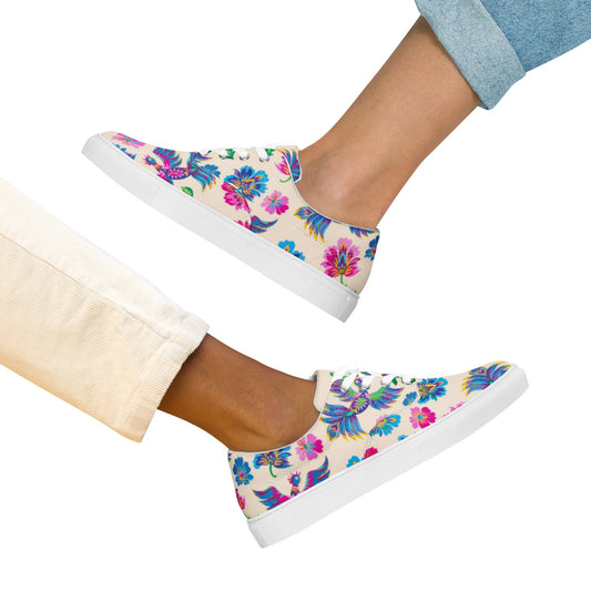 Women’s lace - up canvas shoes, Retro 60's 70's Casual Flowers Shoes Pink Blue White Green Floral Shoes, Cute Summer Springtime Flower Pattern Shoes - PratSN