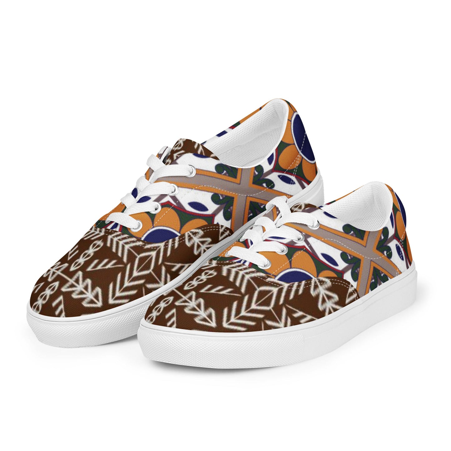 Women’s lace - up canvas shoes, Retro 60,s 70,s Floral Brown Shoes, Casual Flowers Shoes, Cute Springtime - PratSN