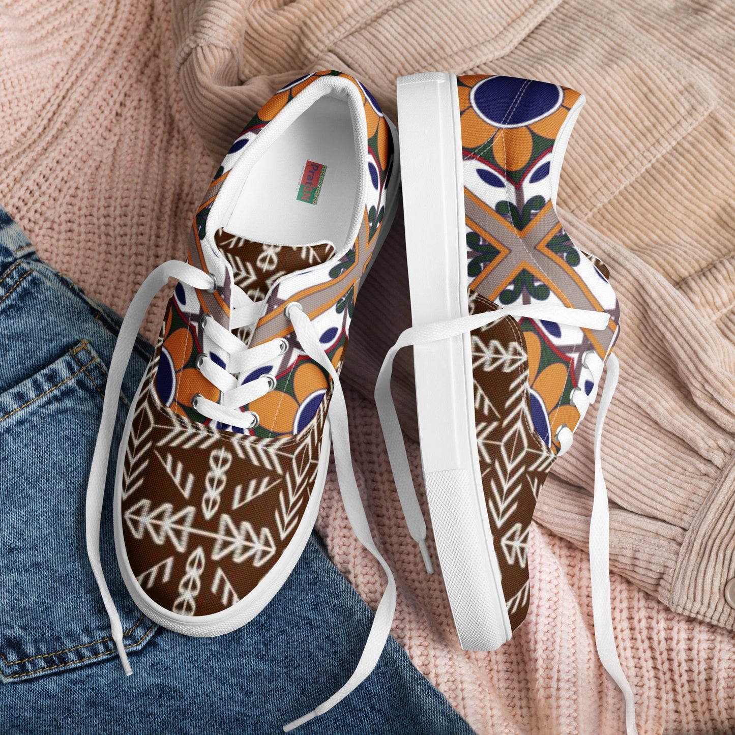 Women’s lace - up canvas shoes, Retro 60,s 70,s Floral Brown Shoes, Casual Flowers Shoes, Cute Springtime - PratSN