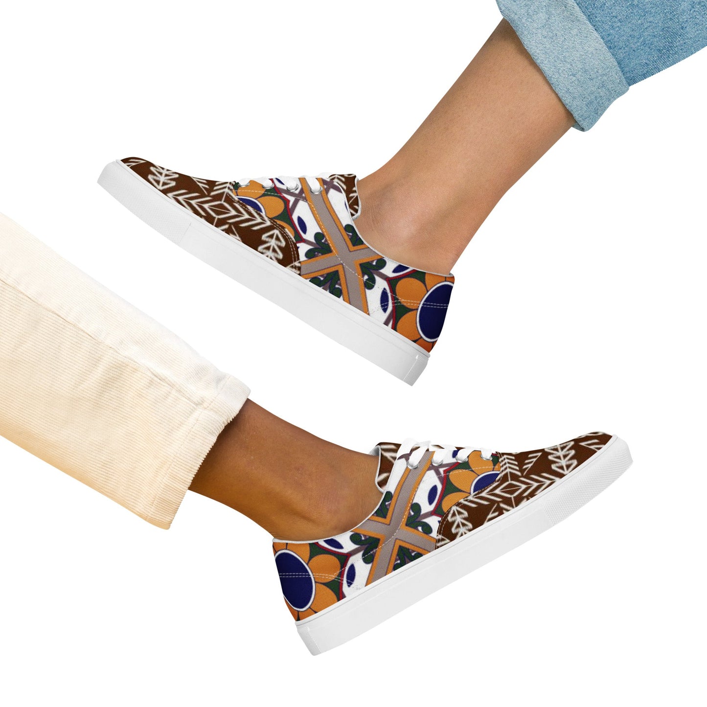 Women’s lace - up canvas shoes, Retro 60,s 70,s Floral Brown Shoes, Casual Flowers Shoes, Cute Springtime - PratSN