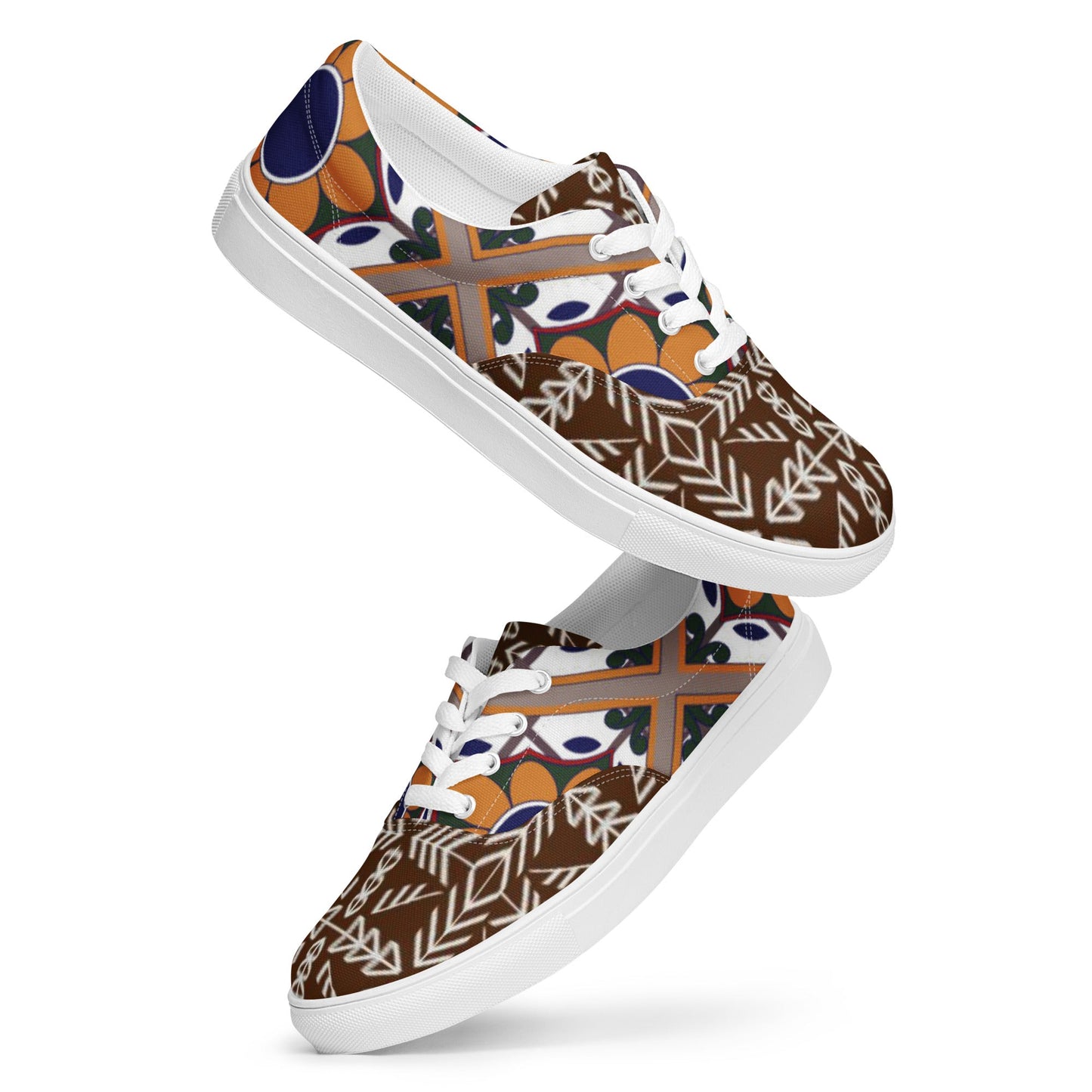 Women’s lace - up canvas shoes, Retro 60,s 70,s Floral Brown Shoes, Casual Flowers Shoes, Cute Springtime - PratSN