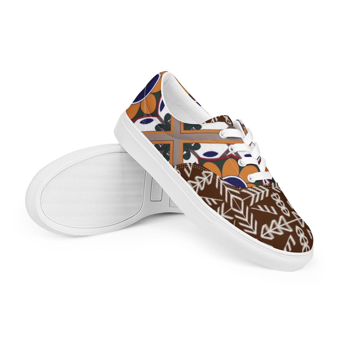 Women’s lace - up canvas shoes, Retro 60,s 70,s Floral Brown Shoes, Casual Flowers Shoes, Cute Springtime - PratSN