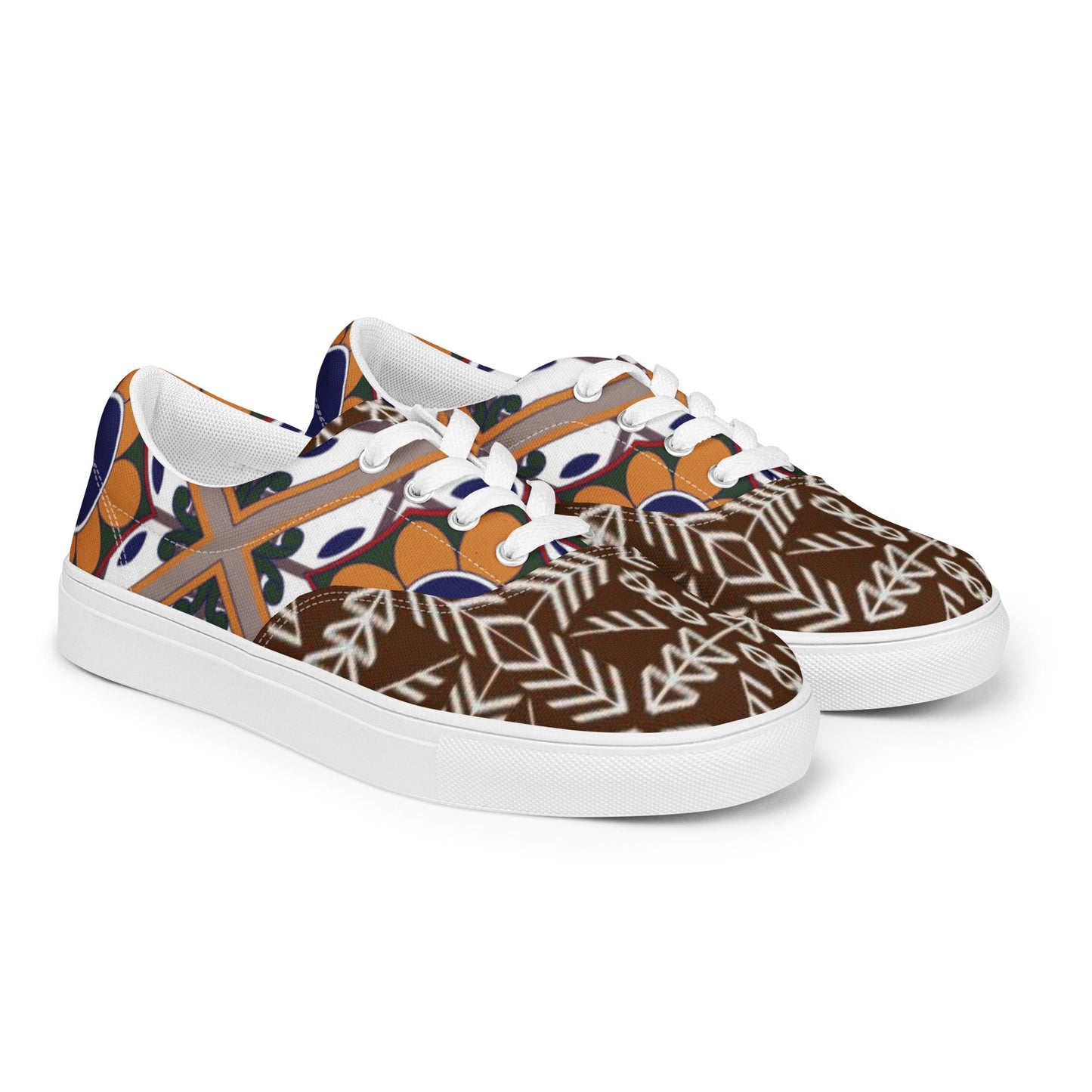 Women’s lace - up canvas shoes, Retro 60,s 70,s Floral Brown Shoes, Casual Flowers Shoes, Cute Springtime - PratSN