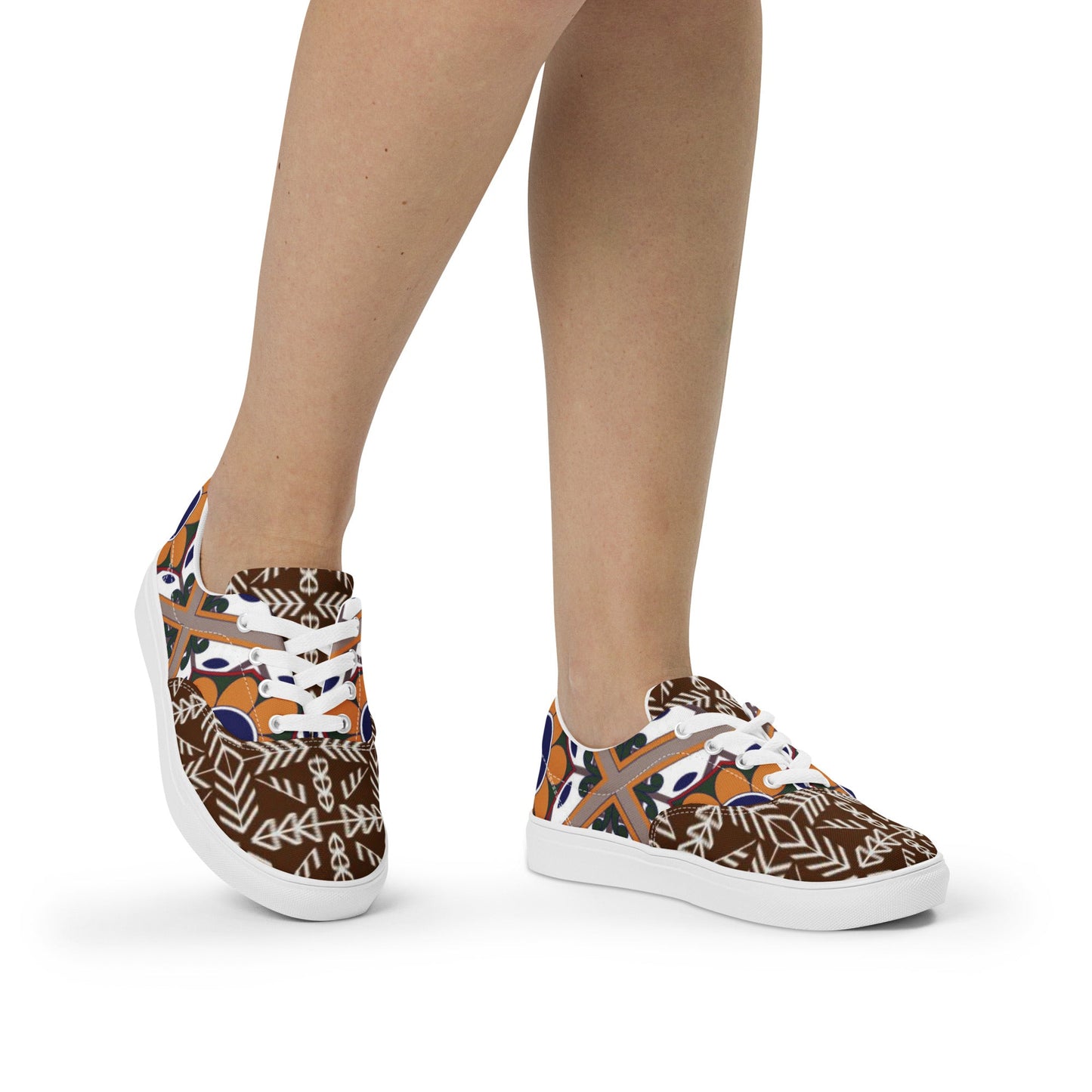 Women’s lace - up canvas shoes, Retro 60,s 70,s Floral Brown Shoes, Casual Flowers Shoes, Cute Springtime - PratSN