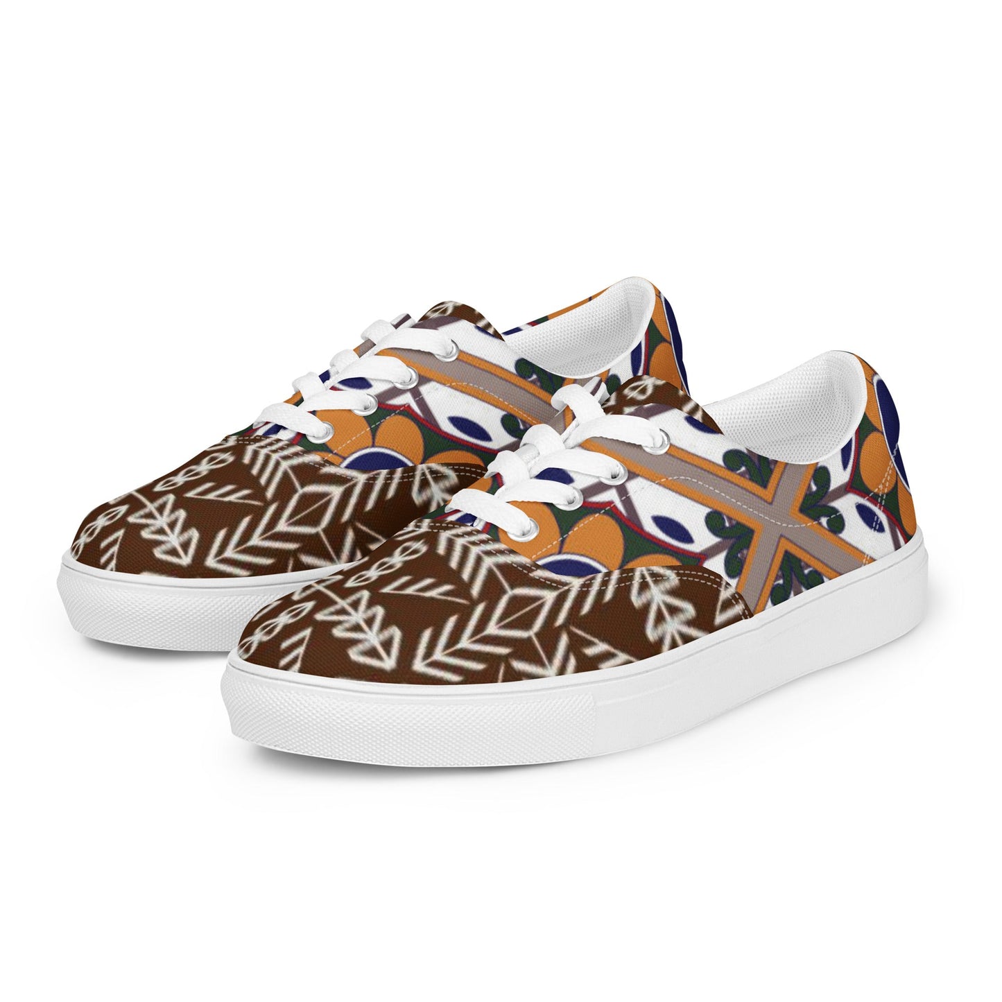 Women’s lace - up canvas shoes, Retro 60,s 70,s Floral Brown Shoes, Casual Flowers Shoes, Cute Springtime - PratSN