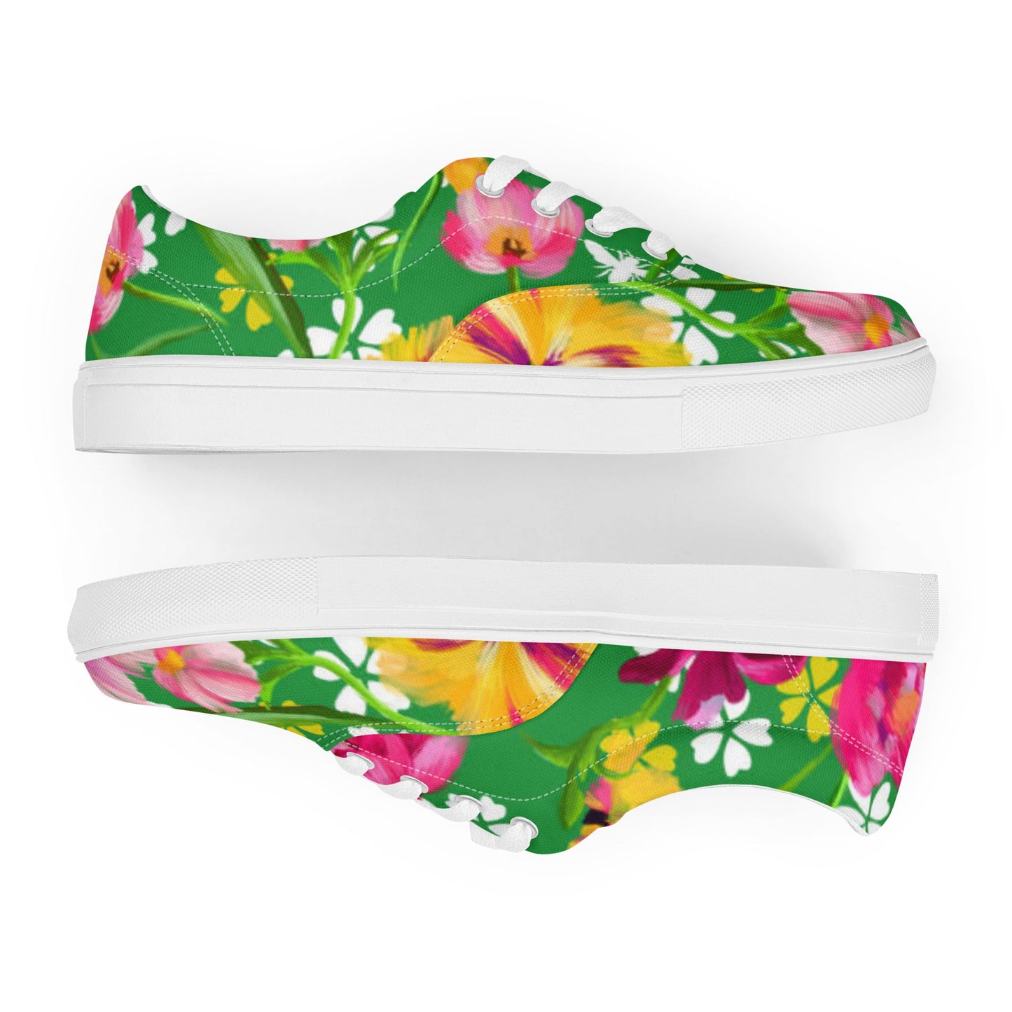 Women’s lace - up canvas shoes, Retro 60's 70's Floral Green and Pink Shoes Casual Shoes Green Flowers Shoes Cute Summer Springtime - PratSN