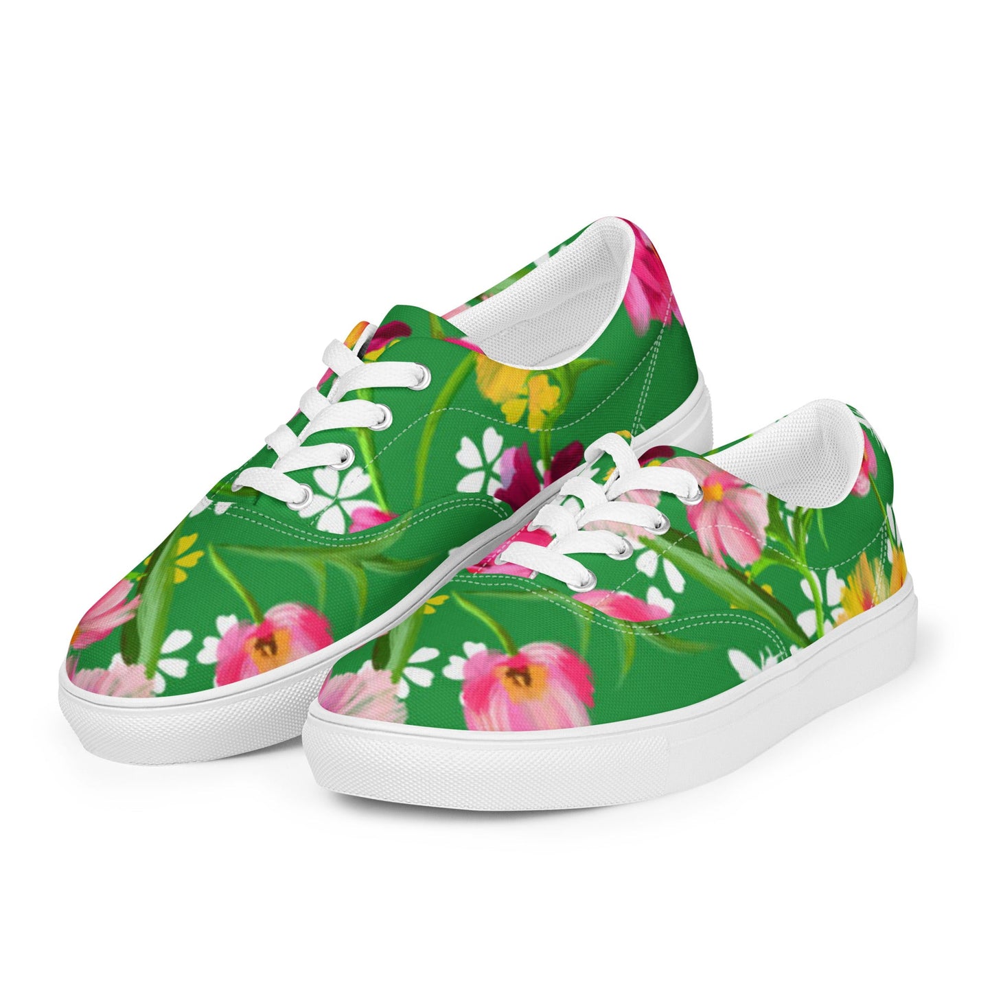 Women’s lace - up canvas shoes, Retro 60's 70's Floral Green and Pink Shoes Casual Shoes Green Flowers Shoes Cute Summer Springtime - PratSN