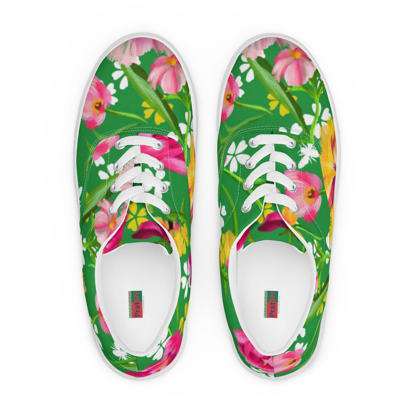 Women’s lace - up canvas shoes, Retro 60's 70's Floral Green and Pink Shoes Casual Shoes Green Flowers Shoes Cute Summer Springtime - PratSN