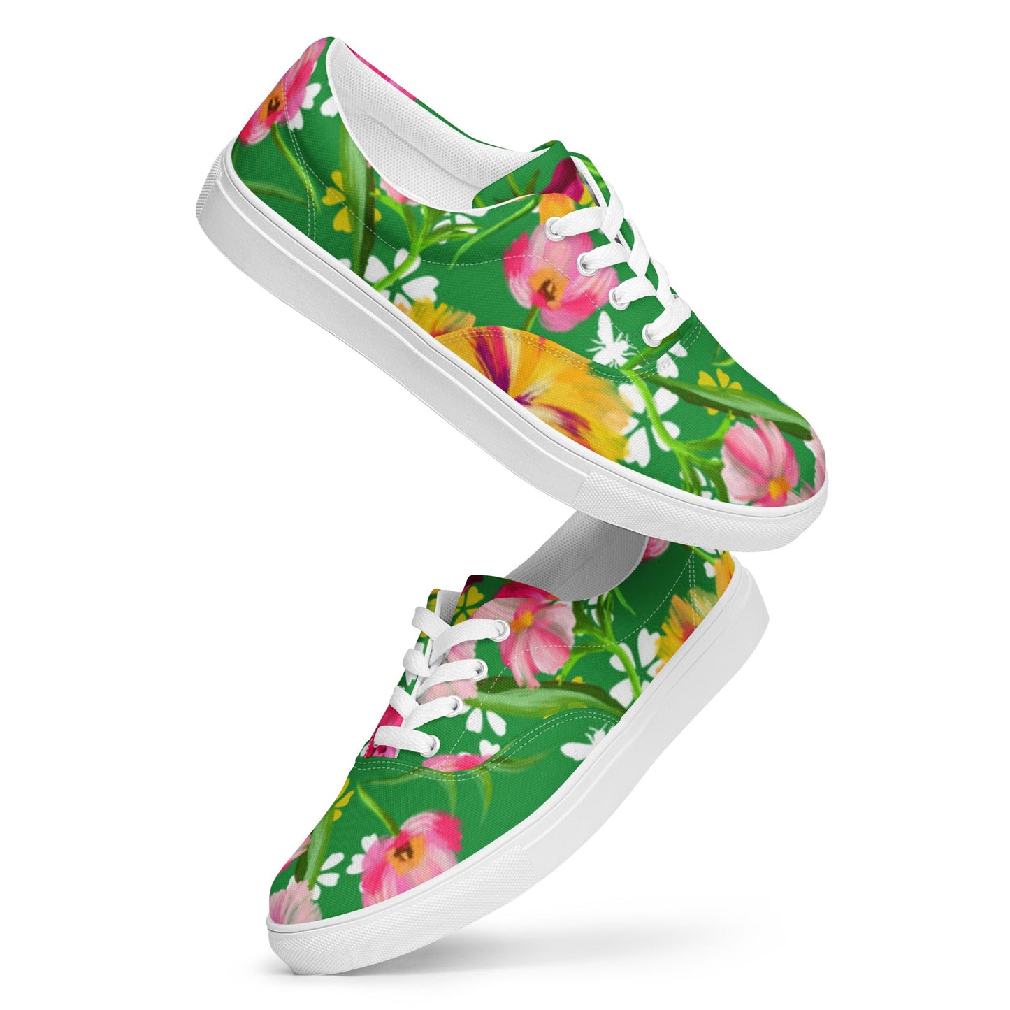 Women’s lace - up canvas shoes, Retro 60's 70's Floral Green and Pink Shoes Casual Shoes Green Flowers Shoes Cute Summer Springtime - PratSN