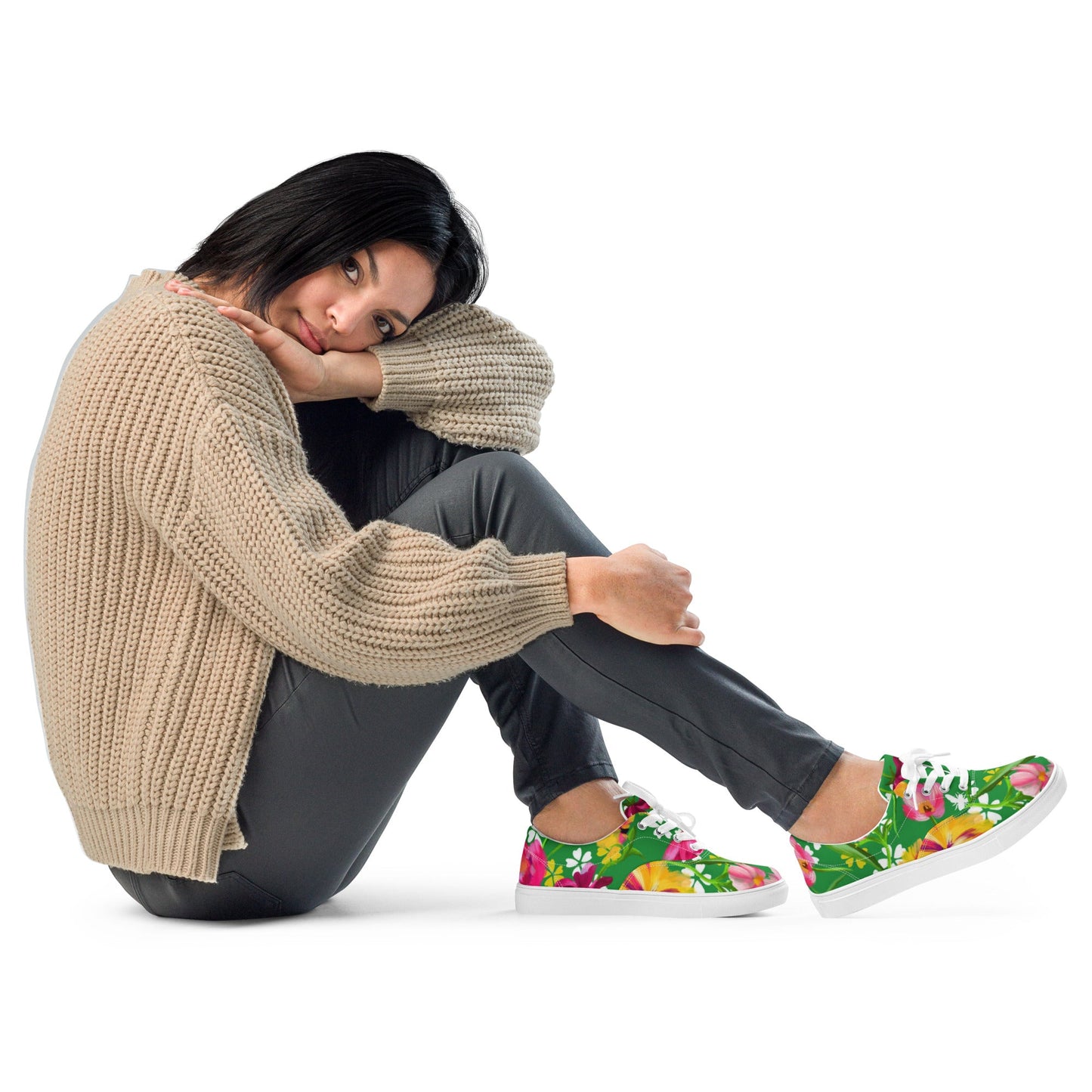 Women’s lace - up canvas shoes, Retro 60's 70's Floral Green and Pink Shoes Casual Shoes Green Flowers Shoes Cute Summer Springtime - PratSN