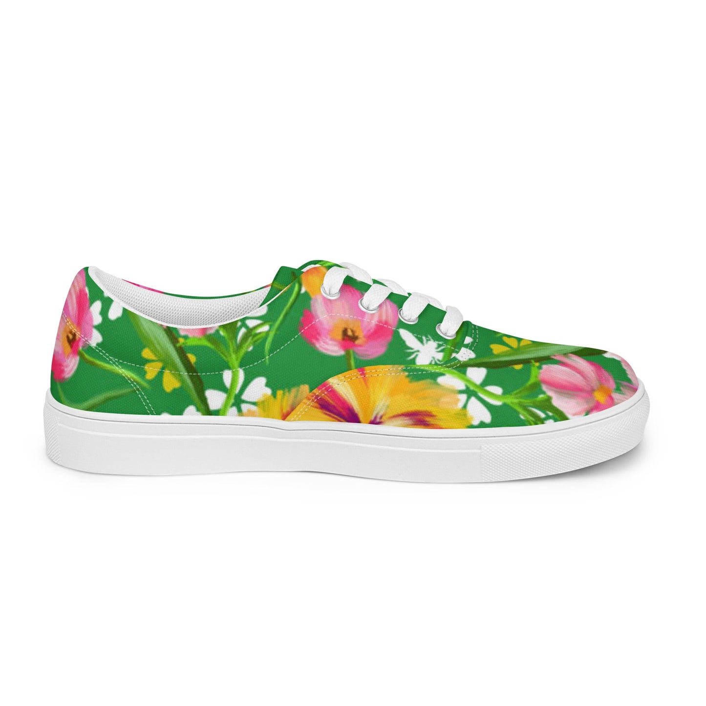 Women’s lace - up canvas shoes, Retro 60's 70's Floral Green and Pink Shoes Casual Shoes Green Flowers Shoes Cute Summer Springtime - PratSN