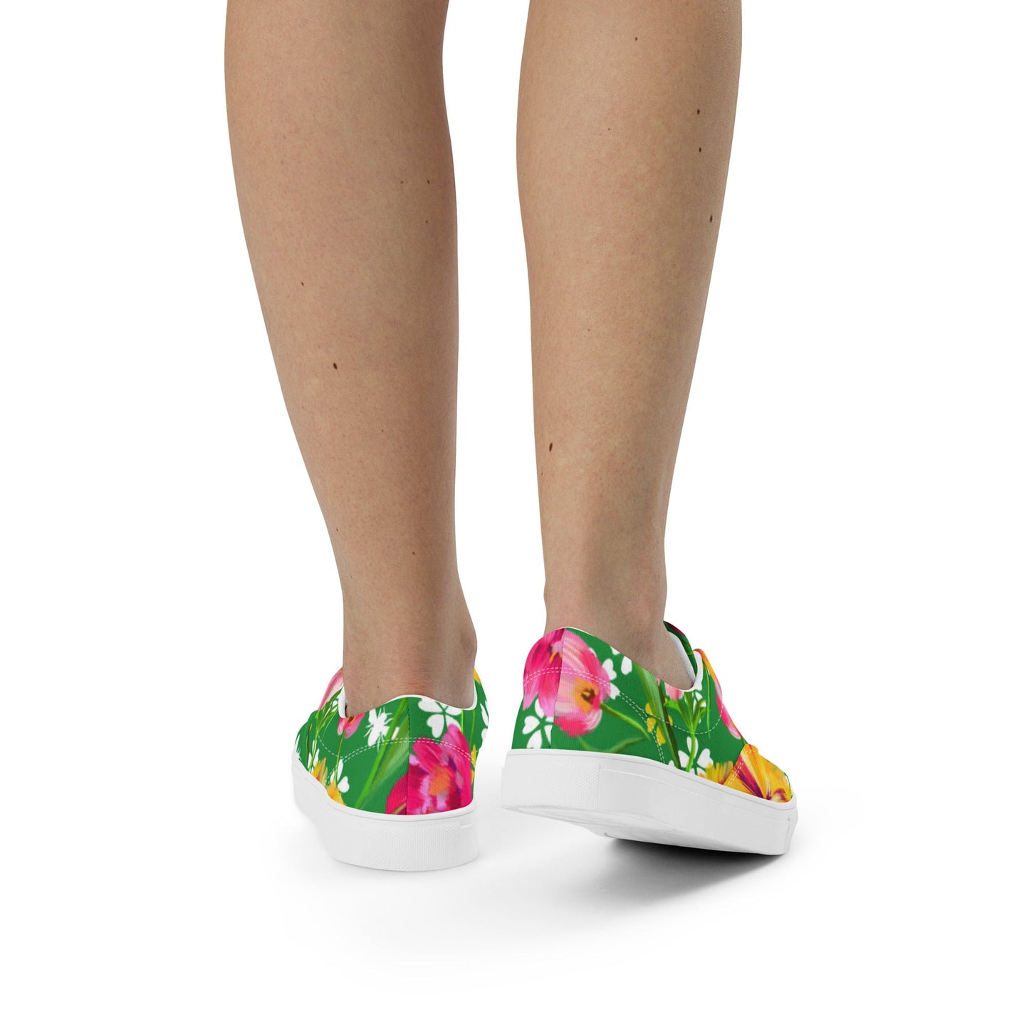 Women’s lace - up canvas shoes, Retro 60's 70's Floral Green and Pink Shoes Casual Shoes Green Flowers Shoes Cute Summer Springtime - PratSN