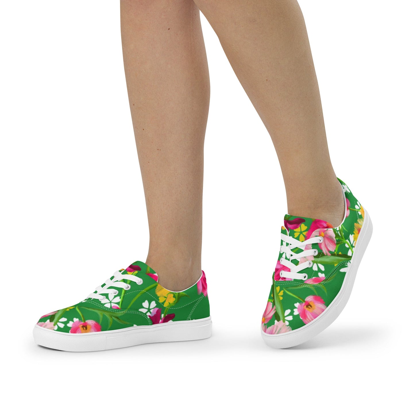 Women’s lace - up canvas shoes, Retro 60's 70's Floral Green and Pink Shoes Casual Shoes Green Flowers Shoes Cute Summer Springtime - PratSN