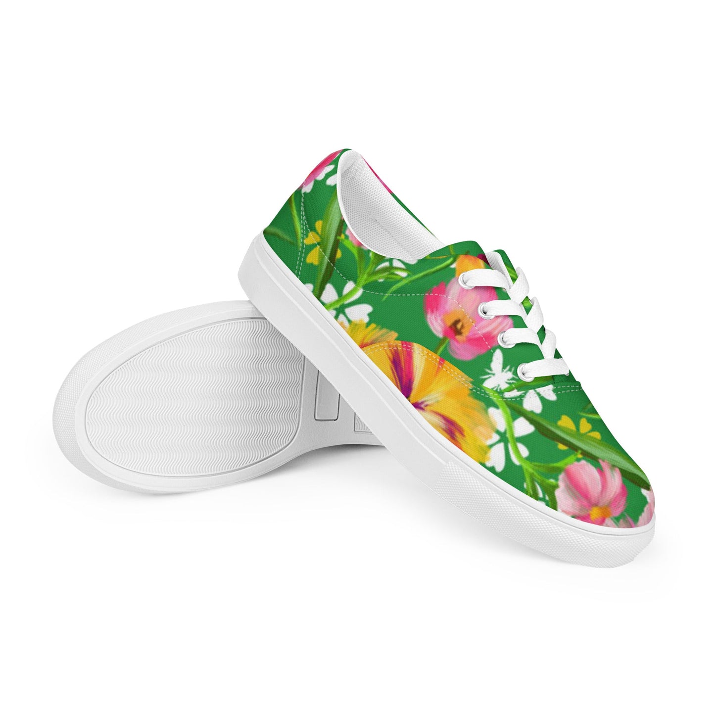Women’s lace - up canvas shoes, Retro 60's 70's Floral Green and Pink Shoes Casual Shoes Green Flowers Shoes Cute Summer Springtime - PratSN