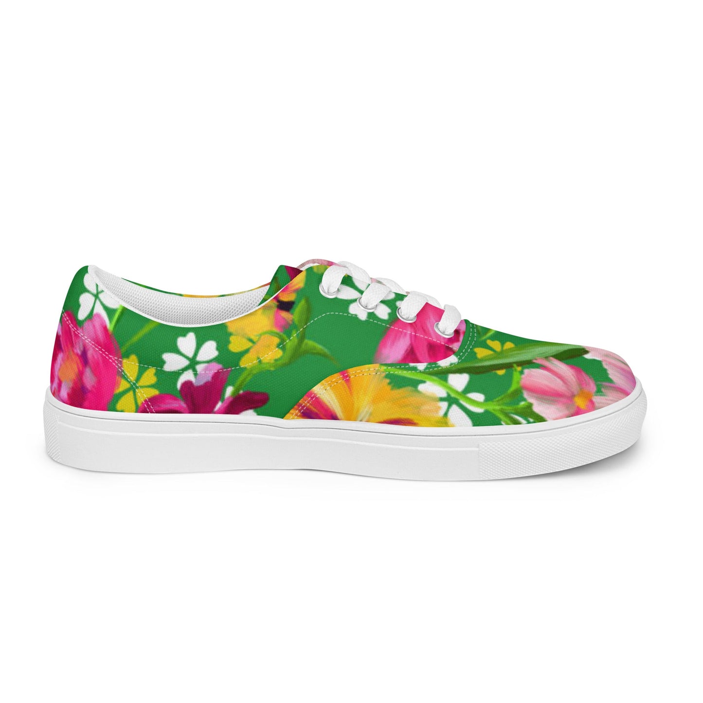 Women’s lace - up canvas shoes, Retro 60's 70's Floral Green and Pink Shoes Casual Shoes Green Flowers Shoes Cute Summer Springtime - PratSN