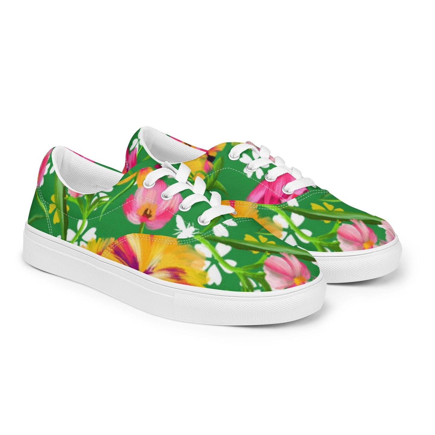 Women’s lace - up canvas shoes, Retro 60's 70's Floral Green and Pink Shoes Casual Shoes Green Flowers Shoes Cute Summer Springtime - PratSN