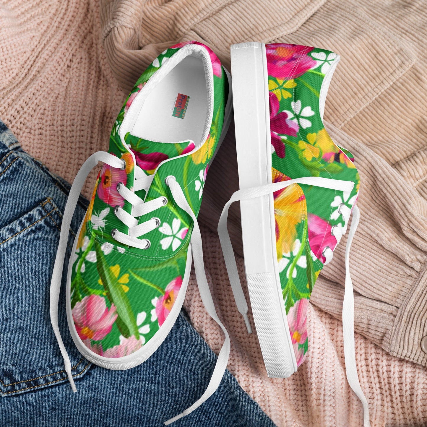 Women’s lace - up canvas shoes, Retro 60's 70's Floral Green and Pink Shoes Casual Shoes Green Flowers Shoes Cute Summer Springtime - PratSN