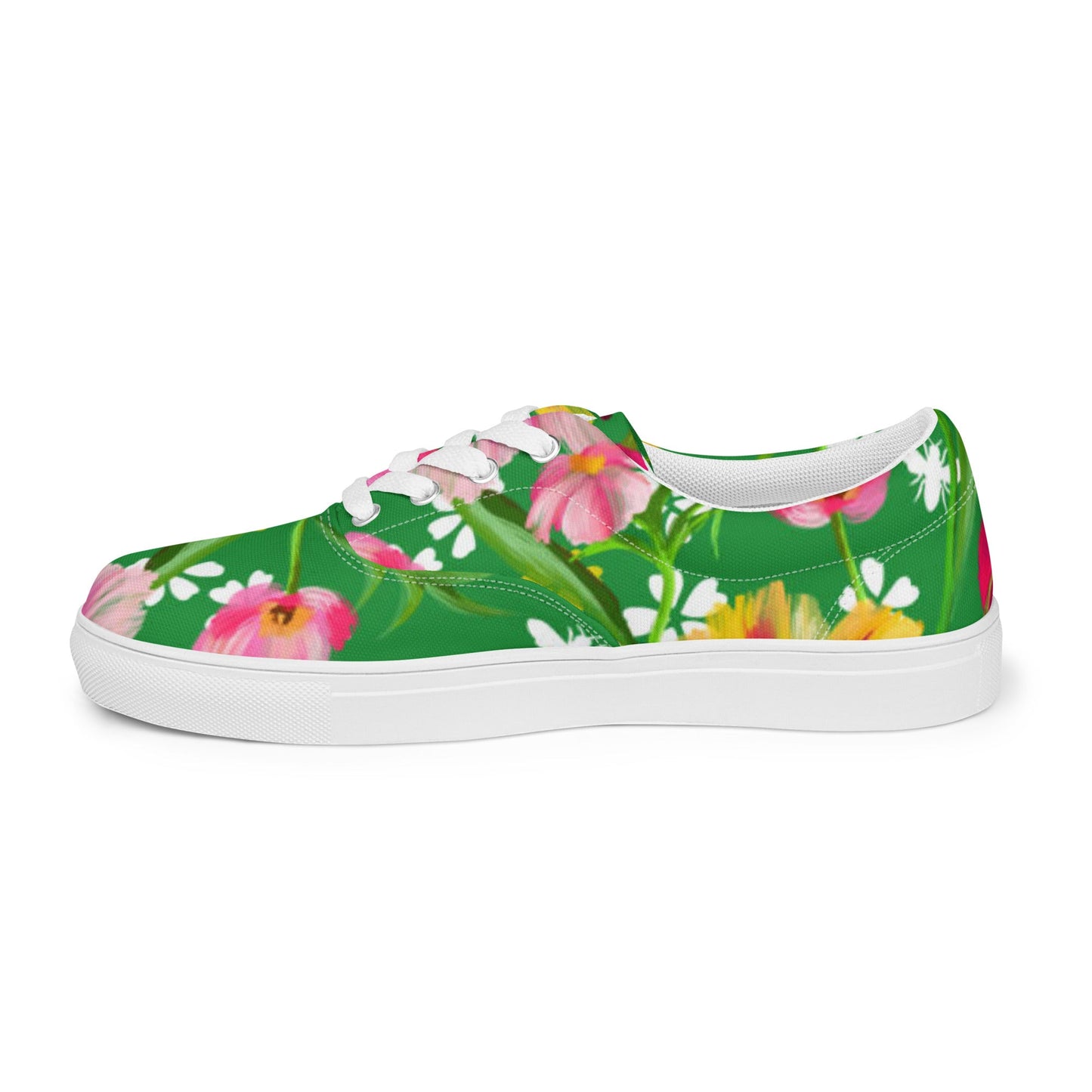 Women’s lace - up canvas shoes, Retro 60's 70's Floral Green and Pink Shoes Casual Shoes Green Flowers Shoes Cute Summer Springtime - PratSN