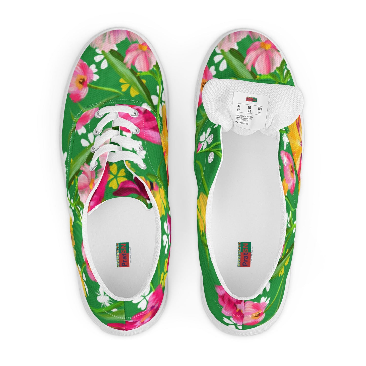 Women’s lace - up canvas shoes, Retro 60's 70's Floral Green and Pink Shoes Casual Shoes Green Flowers Shoes Cute Summer Springtime - PratSN