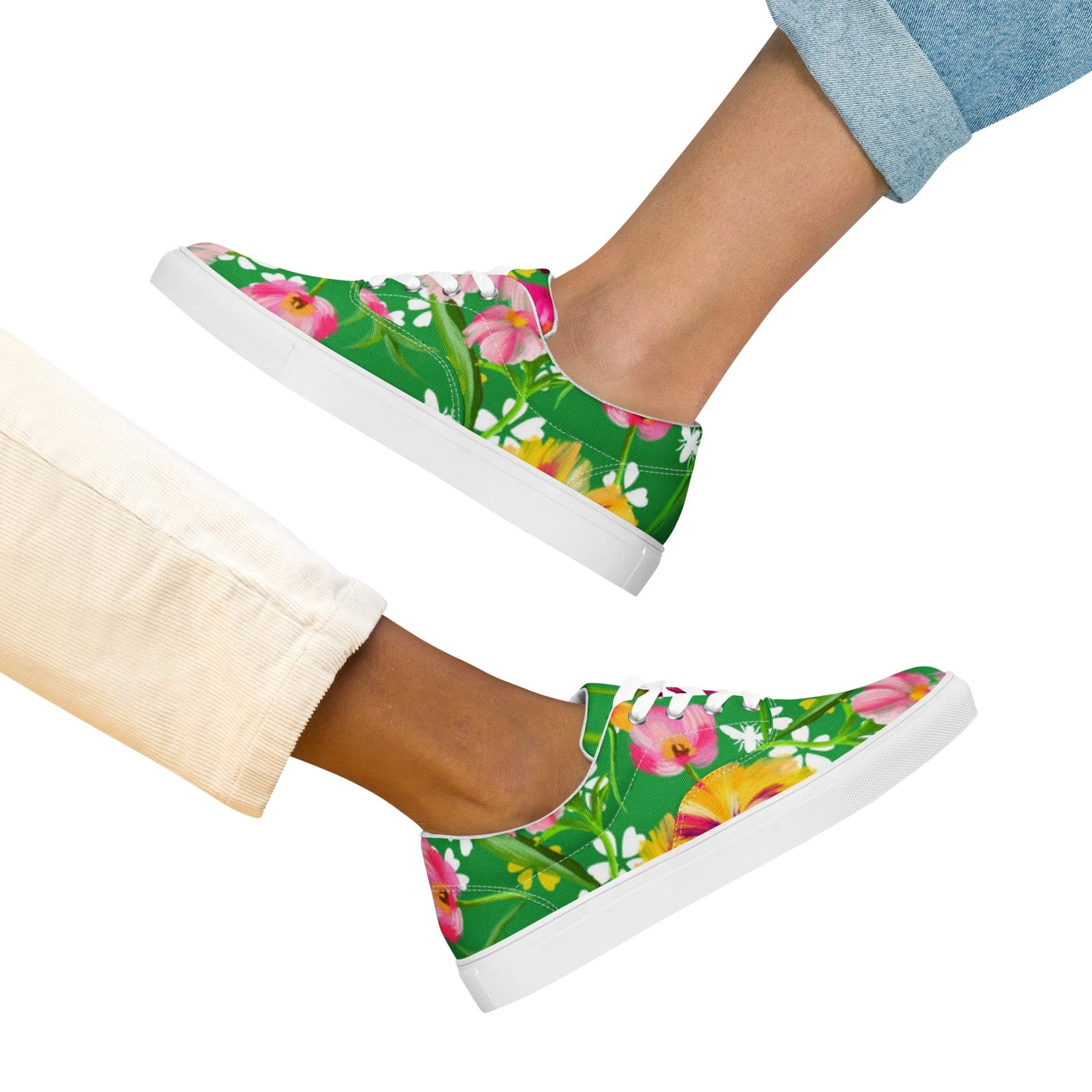Women’s lace - up canvas shoes, Retro 60's 70's Floral Green and Pink Shoes Casual Shoes Green Flowers Shoes Cute Summer Springtime - PratSN