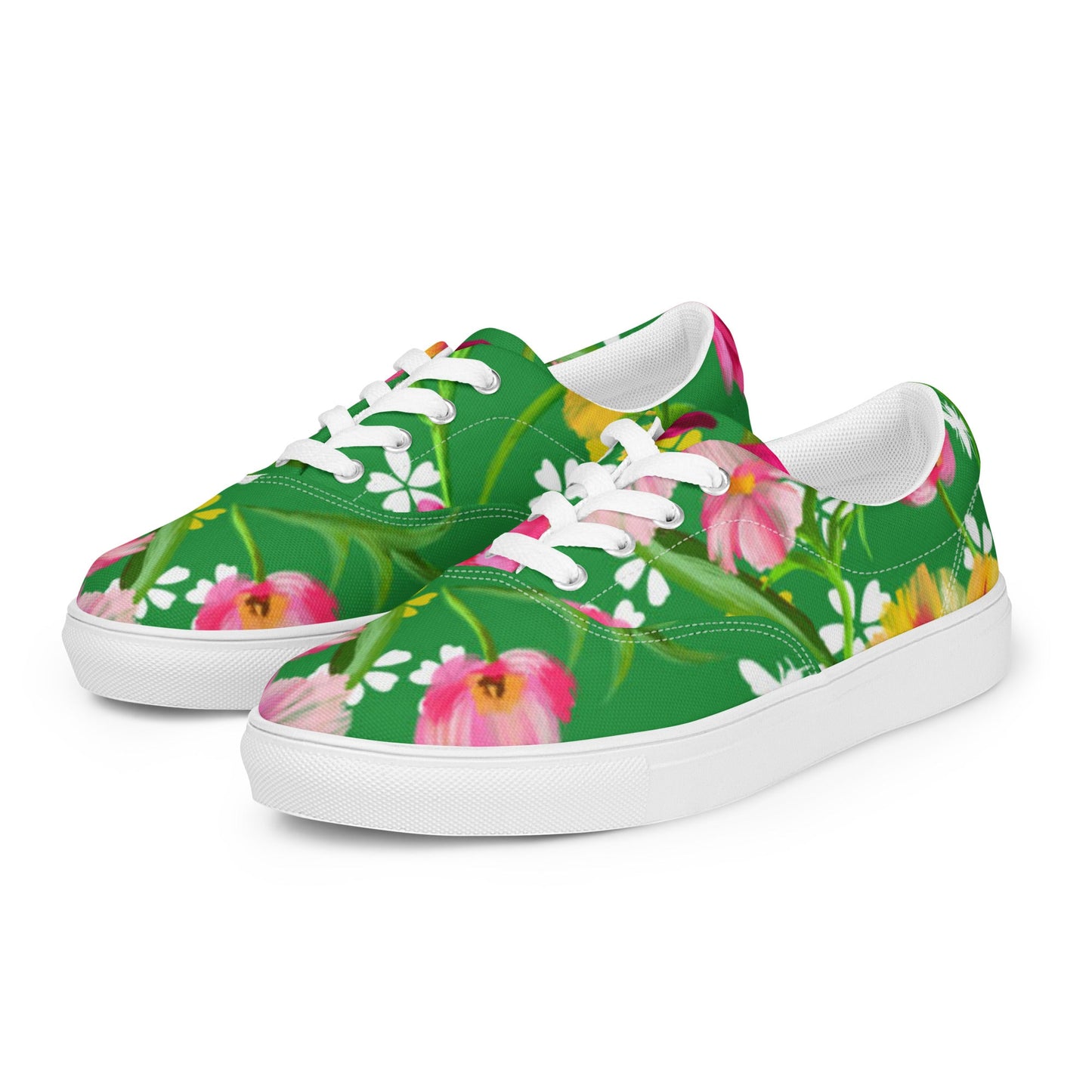 Women’s lace - up canvas shoes, Retro 60's 70's Floral Green and Pink Shoes Casual Shoes Green Flowers Shoes Cute Summer Springtime - PratSN