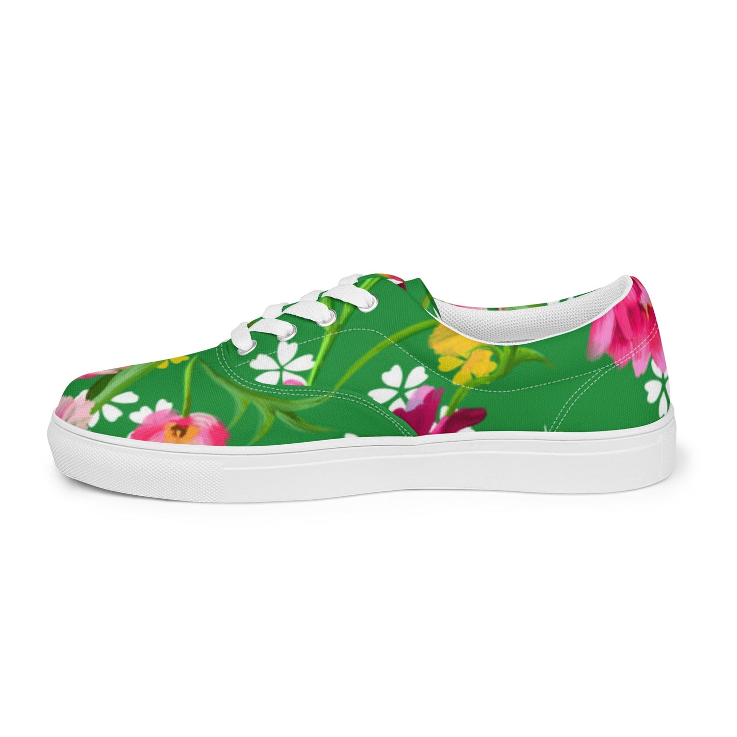 Women’s lace - up canvas shoes, Retro 60's 70's Floral Green and Pink Shoes Casual Shoes Green Flowers Shoes Cute Summer Springtime - PratSN